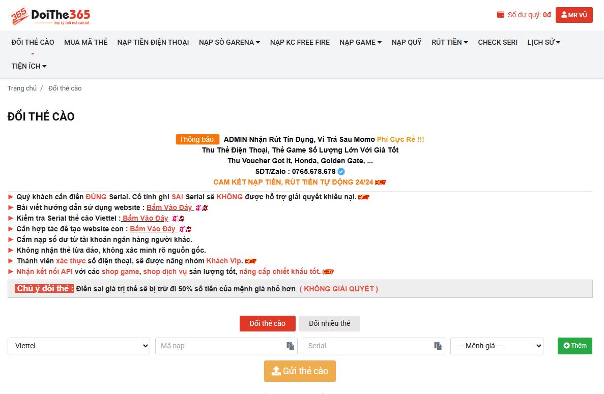 Đổi thẻ Viettel sang tiền mặt nhanh chỉ trong tích tắc với doithe365.com